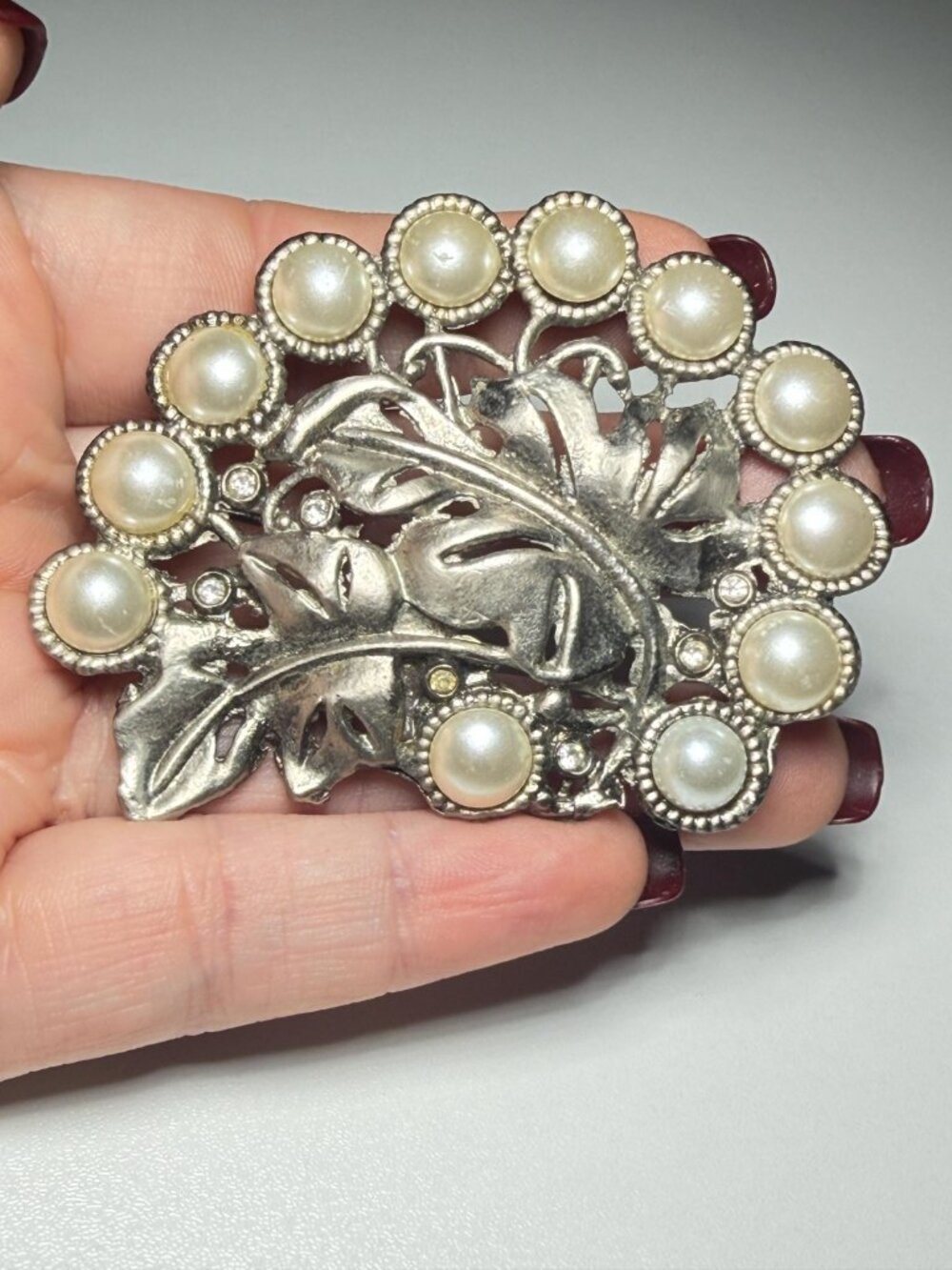 Faux Pearl Leaf Vintage Brooch Silver Tone Floral Statement Pin 4 inches
